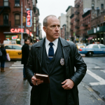 Detective in leather jacket with badge and notepad on city street